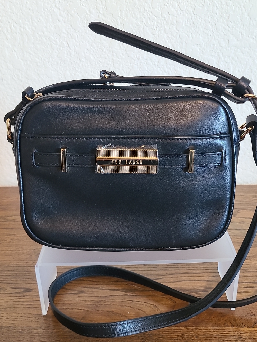 Ted Baker Black Leather Crossbody with Gold Plaque